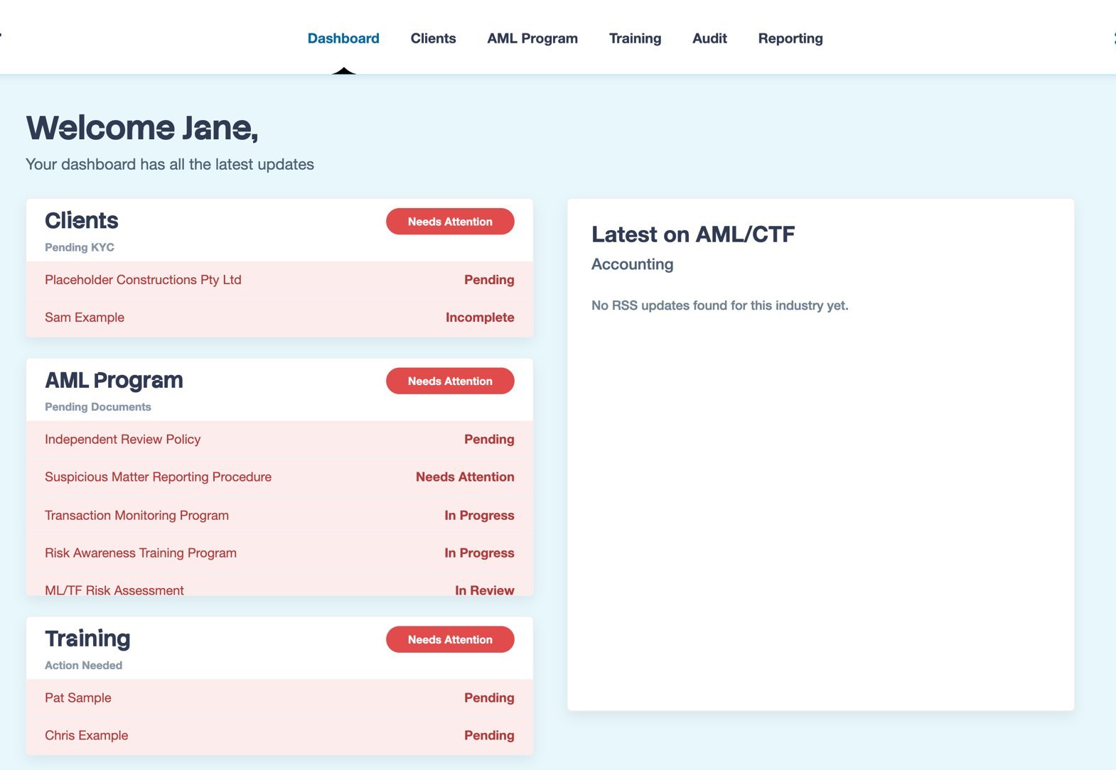 The Trancher dashboard: clients pending KYC, AML program documents and staff training, each with its status