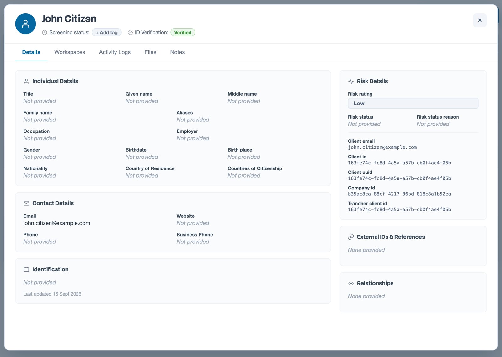 A client file in Trancher showing ID verification as verified and a low risk rating